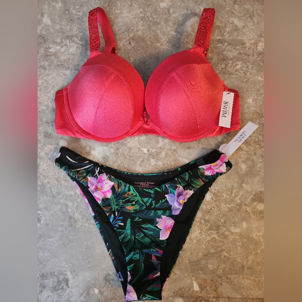 34DD/M VS Swim Shine Strap Sexy Tee Brazilian Bikini Set Tropical Island Getaway